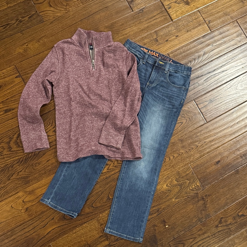 Boys bundle - thanksgiving outfit - Maroon Long Sleeve quarter zip and jeans